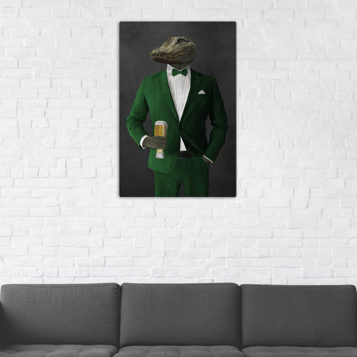 Alligator Drinking Beer Wall Art - Green Suit