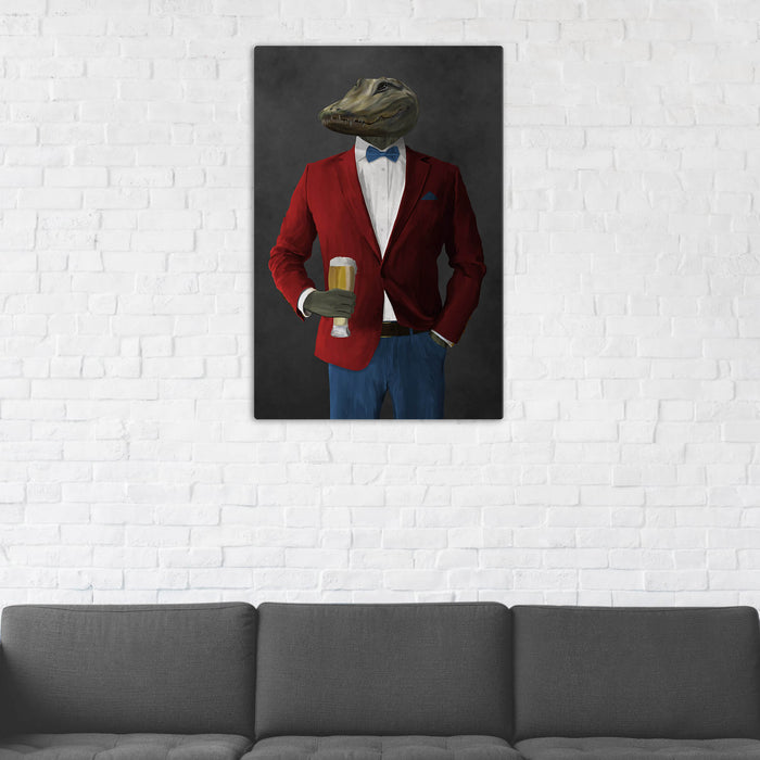 Alligator Drinking Beer Wall Art - Red and Blue Suit