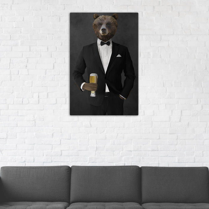 Grizzly Bear Drinking Beer Wall Art - Black Suit