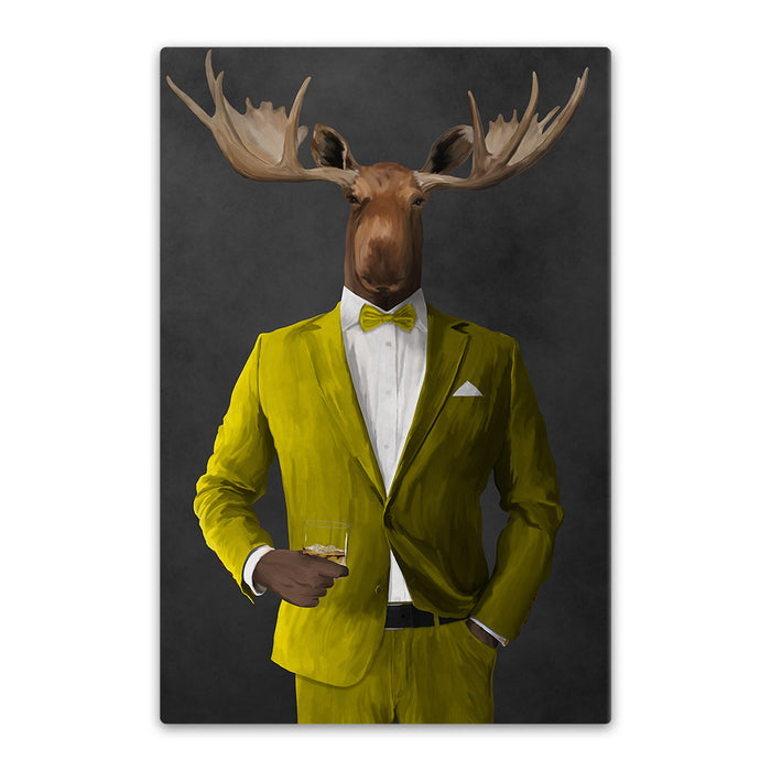 Moose drinking whiskey wearing yellow suit canvas wall art