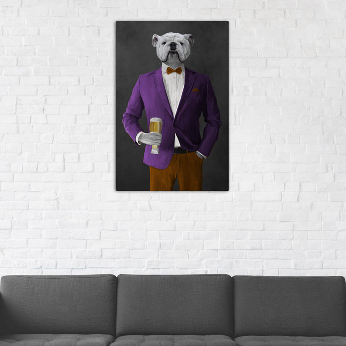 White Bulldog Drinking Beer Wall Art - Purple and Orange Suit