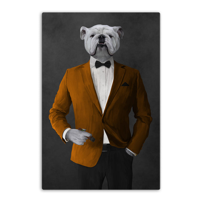 White Bulldog Smoking Cigar Wall Art - Orange and Black Suit