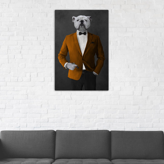 White Bulldog Smoking Cigar Wall Art - Orange and Black Suit