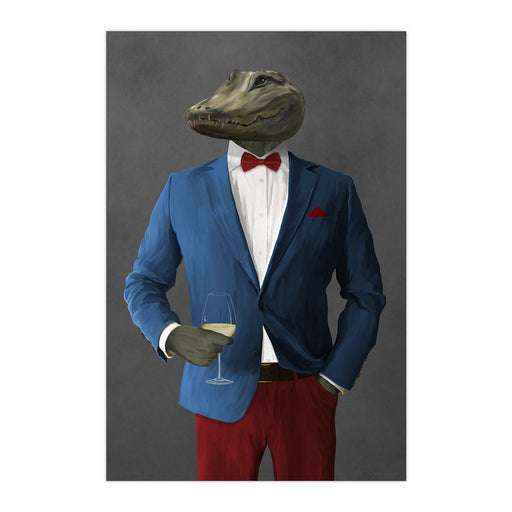Alligator Drinking White Wine Wall Art - Blue and Red Suit