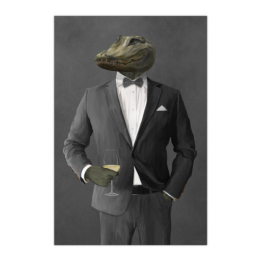 Alligator Drinking White Wine Wall Art - Gray Suit