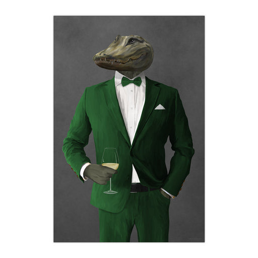 Alligator Drinking White Wine Wall Art - Green Suit