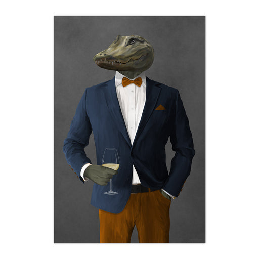 Alligator Drinking White Wine Wall Art - Navy and Orange Suit