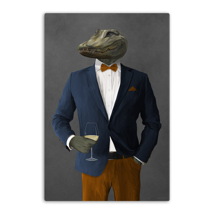 Alligator Drinking White Wine Wall Art - Navy and Orange Suit