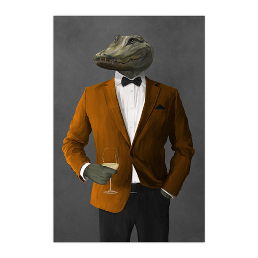 Alligator Drinking White Wine Wall Art - Orange and Black Suit