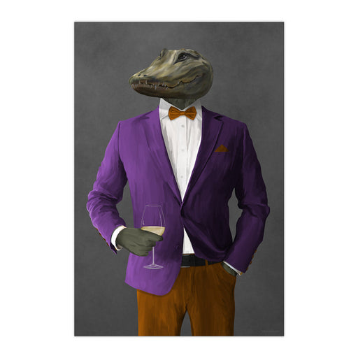 Alligator Drinking White Wine Wall Art - Purple and Orange Suit