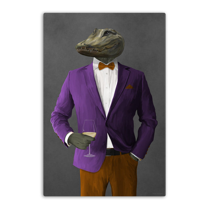 Alligator Drinking White Wine Wall Art - Purple and Orange Suit