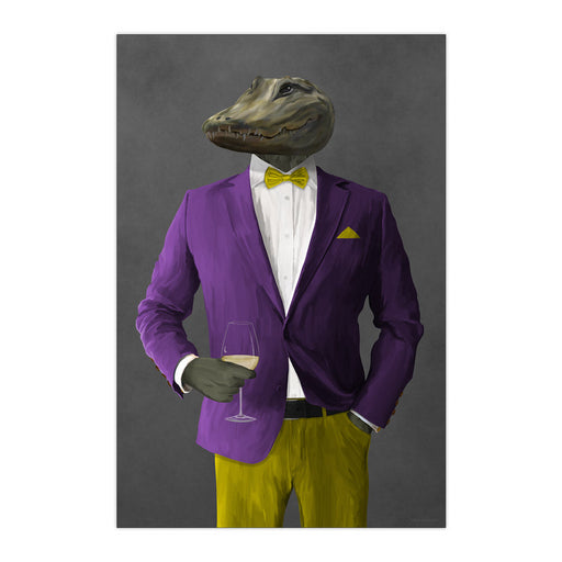 Alligator Drinking White Wine Wall Art - Purple and Yellow Suit