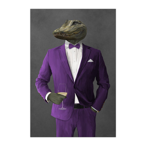 Alligator Drinking White Wine Wall Art - Purple Suit