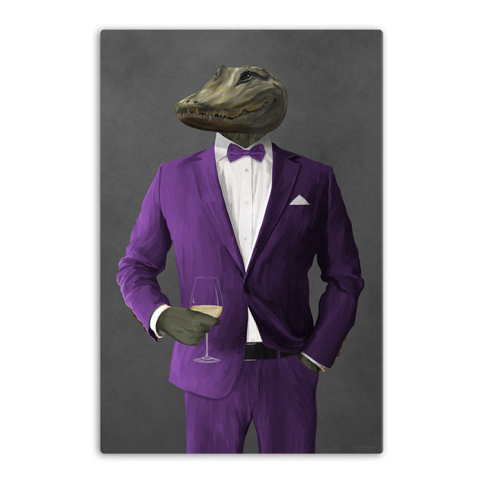 Alligator Drinking White Wine Wall Art - Purple Suit