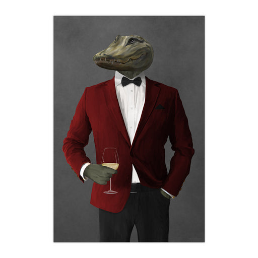 Alligator Drinking White Wine Wall Art - Red and Black Suit