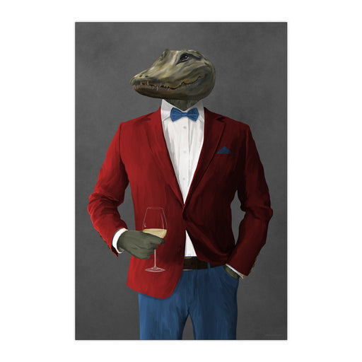 Alligator Drinking White Wine Wall Art - Red and Blue Suit