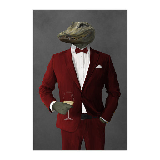 Alligator Drinking White Wine Wall Art - Red Suit