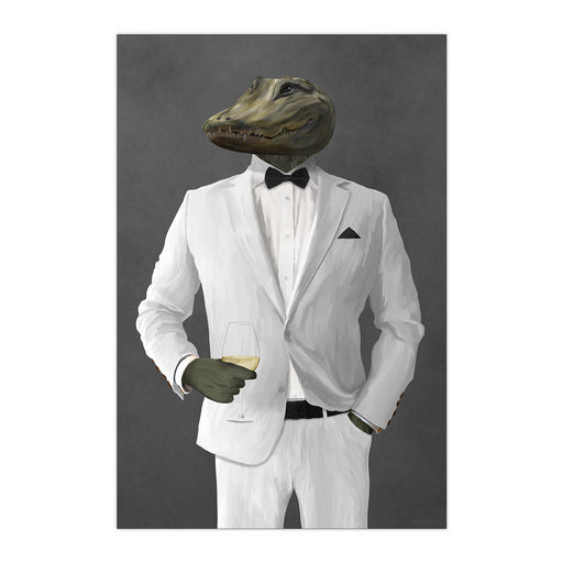 Alligator Drinking White Wine Wall Art - White Suit