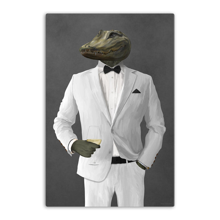 Alligator Drinking White Wine Wall Art - White Suit