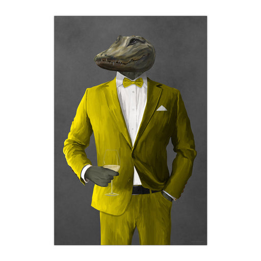 Alligator Drinking White Wine Wall Art - Yellow Suit