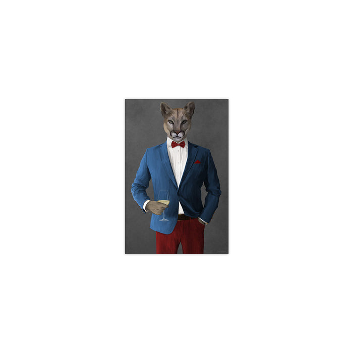 Cougar Drinking White Wine Wall Art - Blue and Red Suit