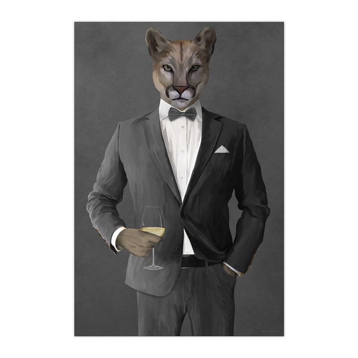 Cougar Drinking White Wine Wall Art - Gray Suit