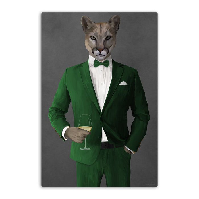 Cougar Drinking White Wine Wall Art - Green Suit