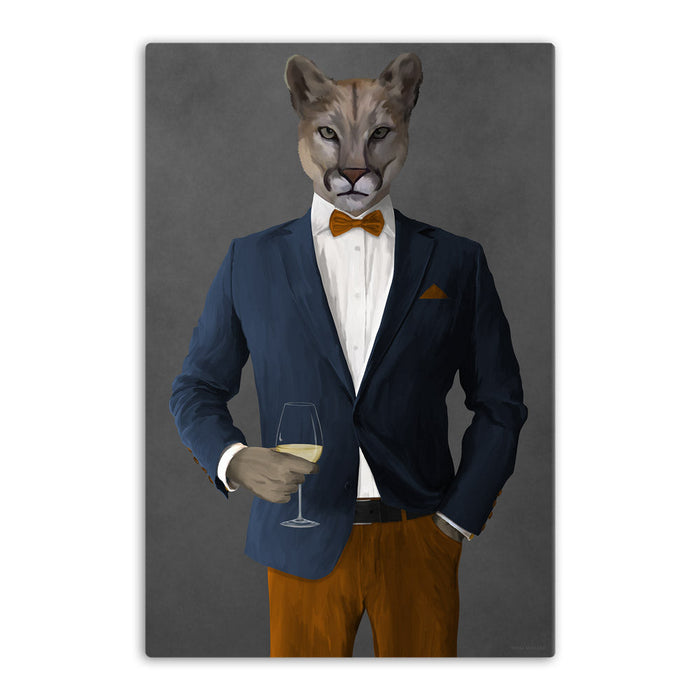 Cougar Drinking White Wine Wall Art - Navy and Orange Suit