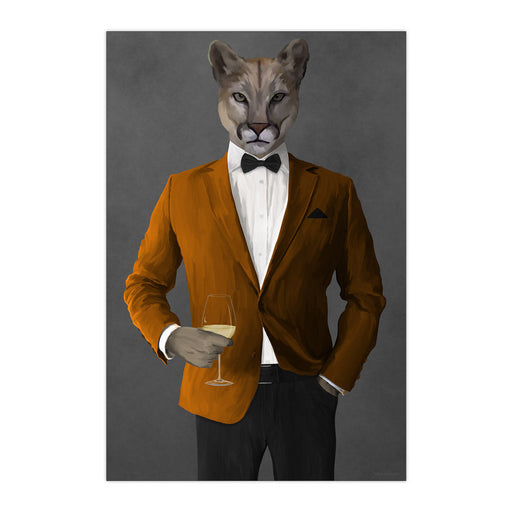 Cougar Drinking White Wine Wall Art - Orange and Black Suit