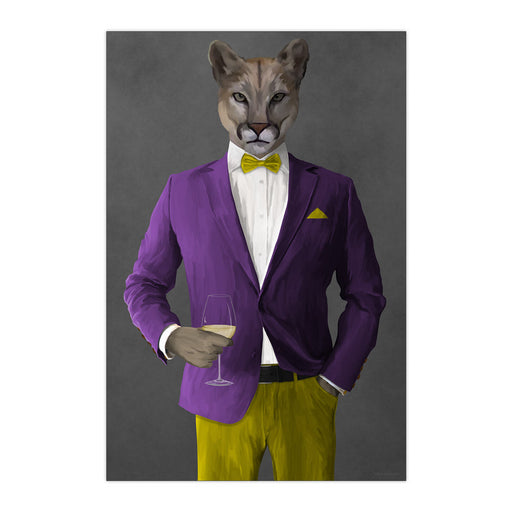 Cougar Drinking White Wine Wall Art - Purple and Yellow Suit