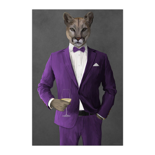 Cougar Drinking White Wine Wall Art - Purple Suit