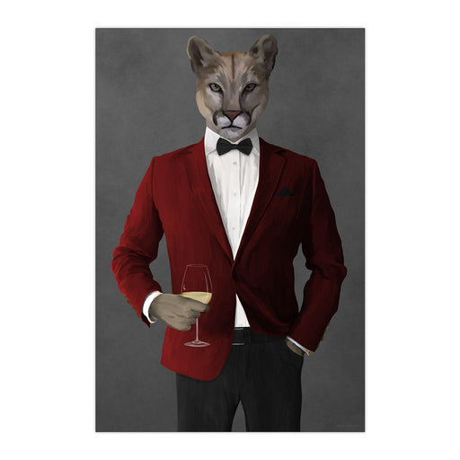 Cougar Drinking White Wine Wall Art - Red and Black Suit