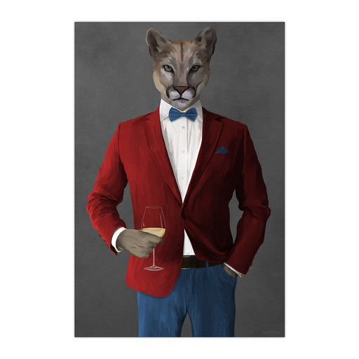 Cougar Drinking White Wine Wall Art - Red and Blue Suit