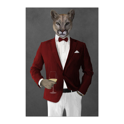 Cougar Drinking White Wine Wall Art - Red and White Suit