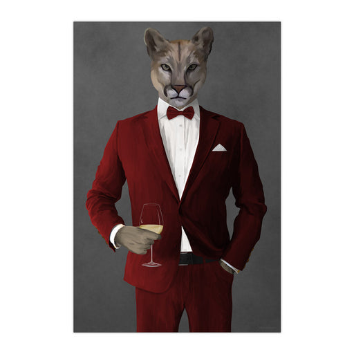 Cougar Drinking White Wine Wall Art - Red Suit