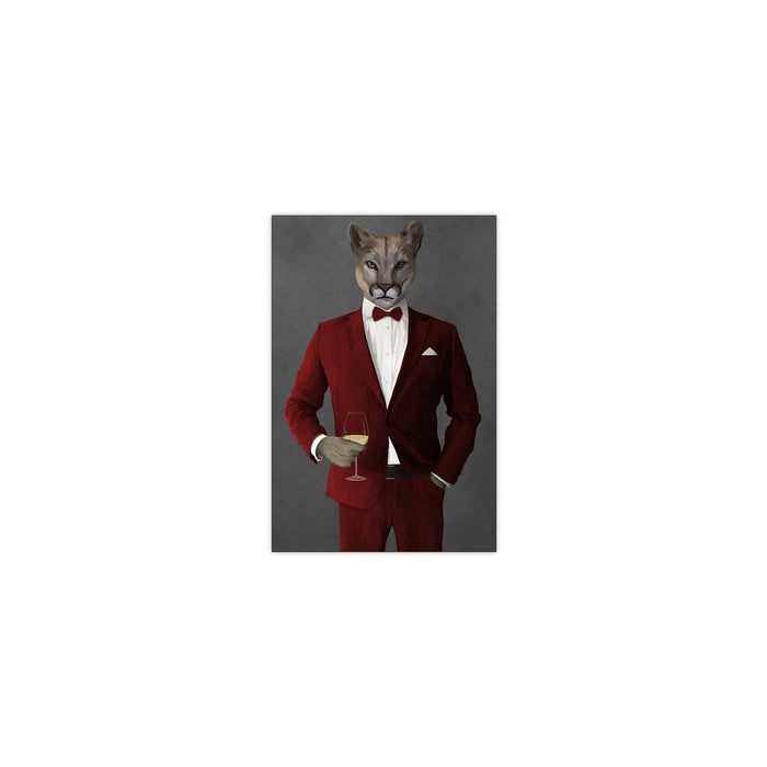 Cougar Drinking White Wine Wall Art - Red Suit