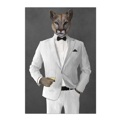 Cougar Drinking White Wine Wall Art - White Suit