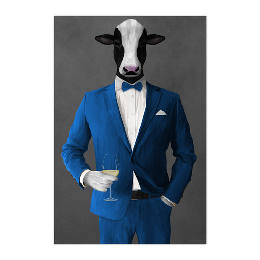 Cow Drinking White Wine Wall Art - Blue Suit