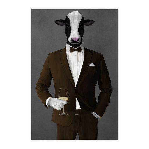 Cow Drinking White Wine Wall Art - Brown Suit