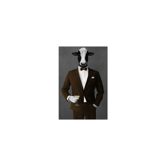 Cow Drinking White Wine Wall Art - Brown Suit