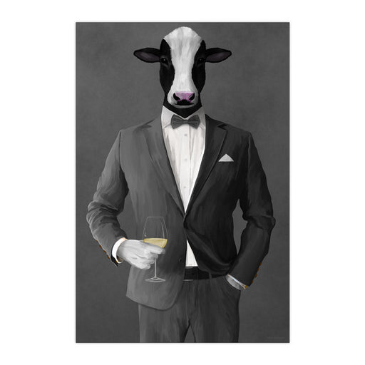 Cow Drinking White Wine Wall Art - Gray Suit