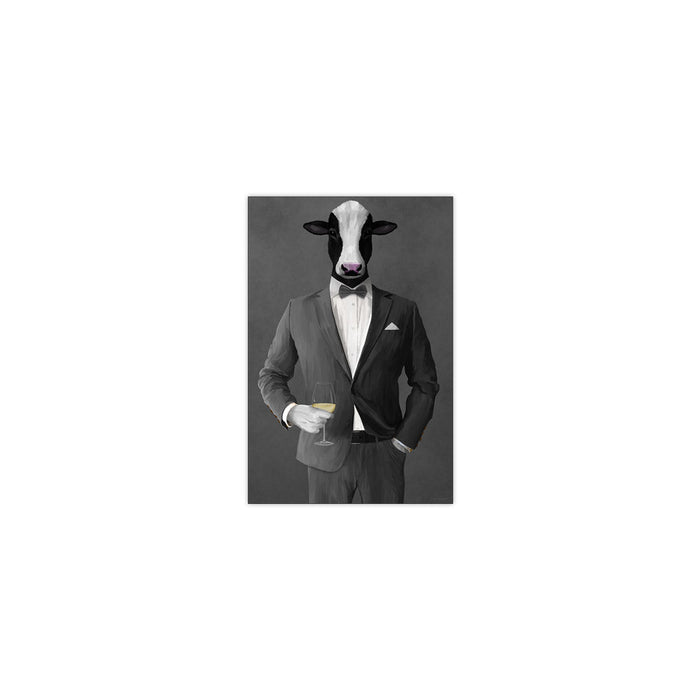 Cow Drinking White Wine Wall Art - Gray Suit