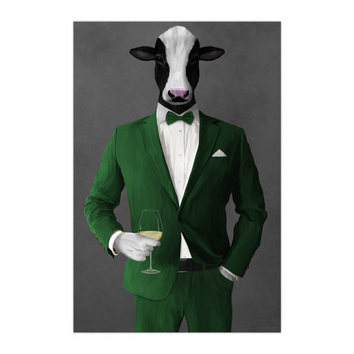 Cow Drinking White Wine Wall Art - Green Suit