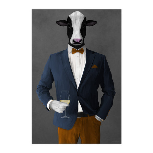 Cow Drinking White Wine Wall Art - Navy and Orange Suit