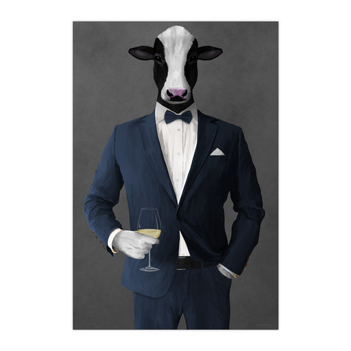 Cow Drinking White Wine Wall Art - Navy Suit