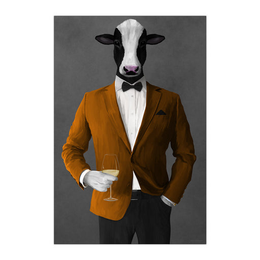 Cow Drinking White Wine Wall Art - Orange and Black Suit