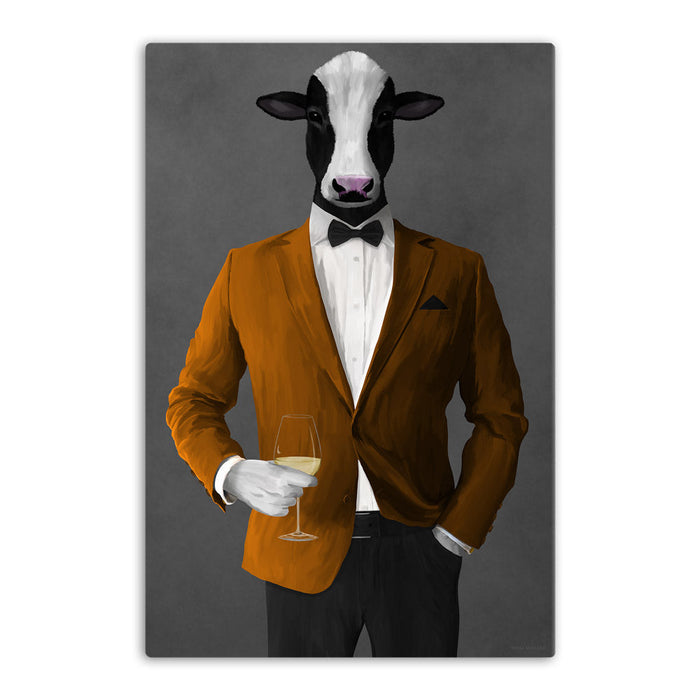Cow Drinking White Wine Wall Art - Orange and Black Suit