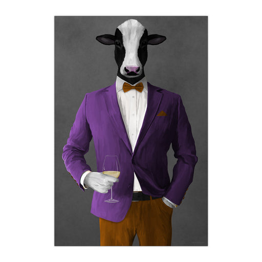 Cow Drinking White Wine Wall Art - Purple and Orange Suit