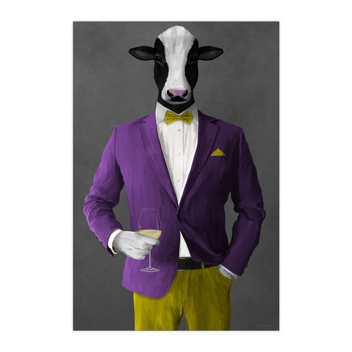 Cow Drinking White Wine Wall Art - Purple and Yellow Suit