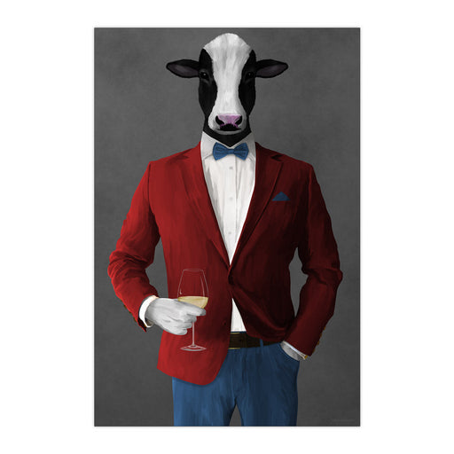 Cow Drinking White Wine Wall Art - Red and Blue Suit
